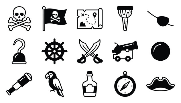 Pirate adventure vector icon set with skull crossbones pirate flag treasure map hook ship wheel crossed swords cannon bomb telescope parrot rum bottle compass and hat black glyph symbols