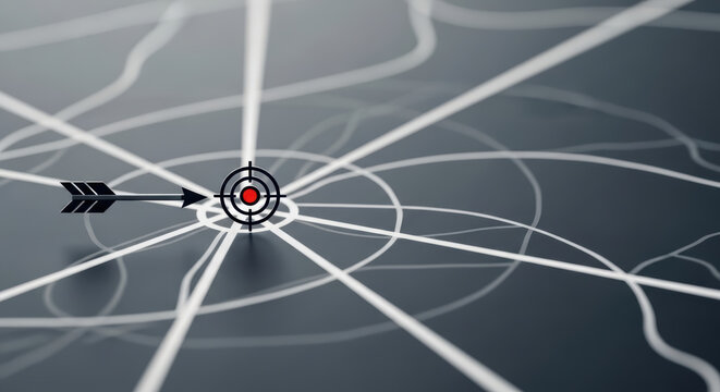 Strategic arrow hitting target center on abstract navigation map concept for success and goal achievement in business and planning