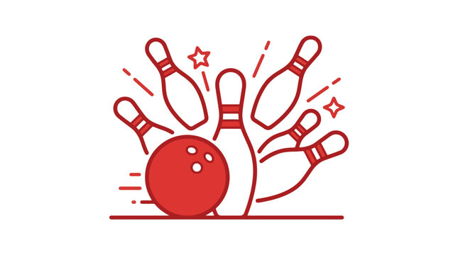 Elegant Red Bowling Ball Knocking Down Ten Striking Pins in Motion with Sparkling Effects with high quality professional line art symbols for modern creative design and digital branding projects