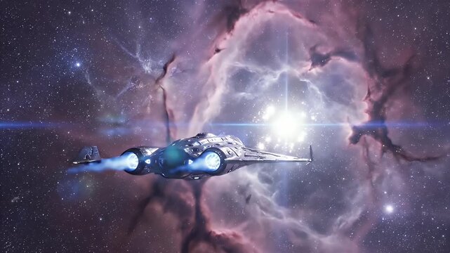 A futuristic spaceship navigates through a vibrant nebula in deep space.