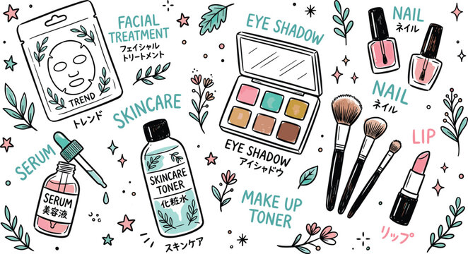 Hand drawn beauty makeup cosmetic product vector illustration set with skincare toner eyeshadow palette lipstick and Japanese text