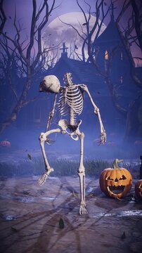 3D animation of funny Halloween skeleton juggling his own skull like a soccer ball with his knee in spooky night cemetery. Humorous horror character in foggy graveyard.