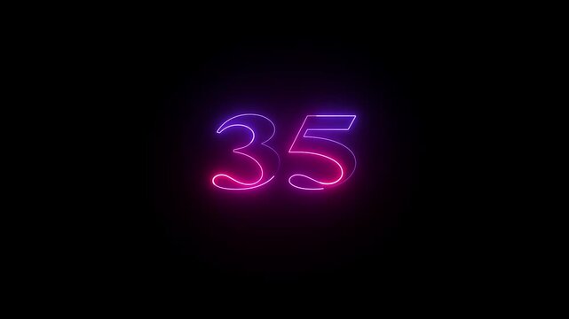 35 number neon bright glowing animation on black background 4k video.