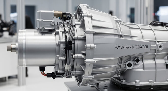 Electric drivetrain component in research lab focused on sustainable energy solutions for advanced vehicle powertrain development and integration