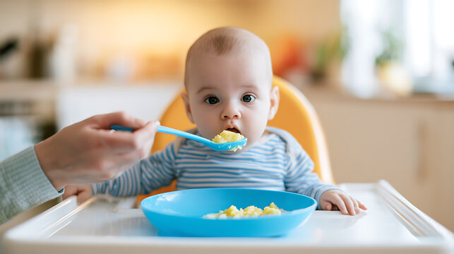 Adorable baby enjoys first solids in a highchair, a parent spoon-feeds baby food, brightly lit home kitchen setting, vibrant colors and soft light, focus on child's early development and family care