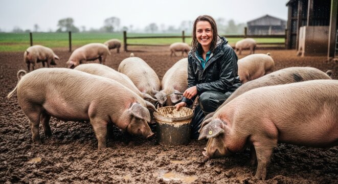 Farmer feeding pigs in a muddy field on a rainy day.