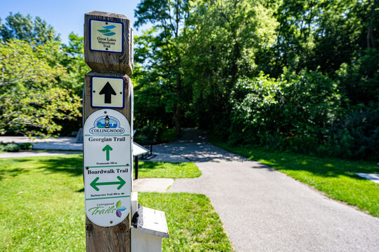 View of Georgian Trail signpost in Collingwood. Collingwood, Canada - July 6, 2026.