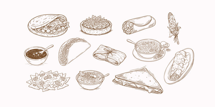 Traditional Mexican Street Food Hand Drawn Vector Illustration Set