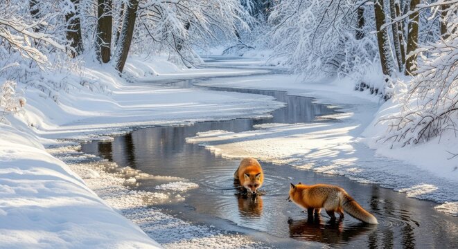 Two foxes drinking water from a frozen river in a snowy forest.