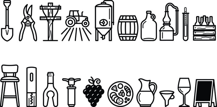 Vineyard agriculture and winery production line icon set with tractor barrel wine bottle and grapes symbols