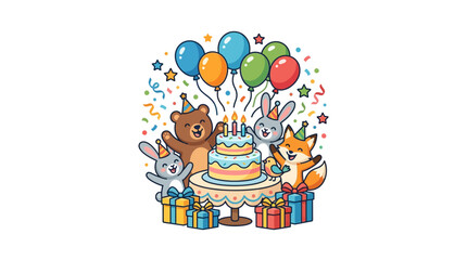 Fototapeta premium Celebration Event with Happy Animals at Birthday Party, Colorful Decorations, Playful Illustration Style, Festive Atmosphere