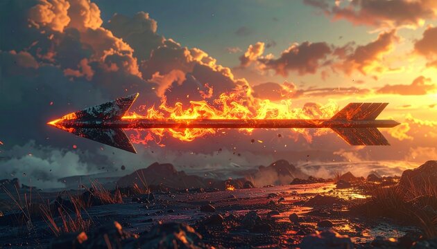 A fiery arrow streaks across a sunset sky over a rugged landscape