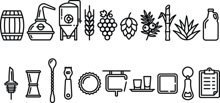 Alcohol brewery and bar bartending tools line icon set with distillery equipment ingredients and bottle opener symbols