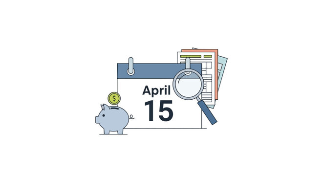 Financial Tax Filing Season Concept with April 15 Calendar Deadline Piggy Bank and Magnifying Glass