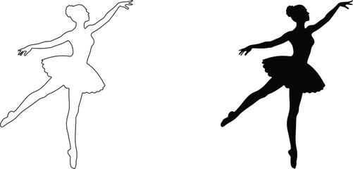 Outlined ballerina in a ballet pose with extended arms and one leg raised, next to solid black silhouette of dancer. © kajallata
