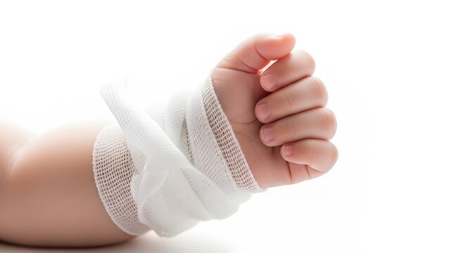 Child's hand in bandage first aid and injury concept