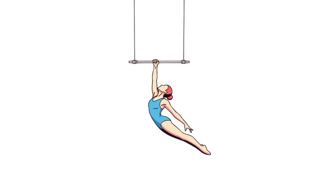 Artistic Illustration of a Gymnast Woman Performing Aerial Trapeze Stunts in Blue Outfit on White Backdrop.
