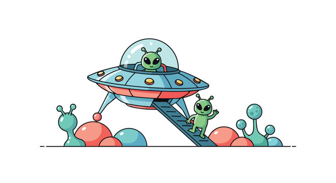 Cute Green Aliens Landing Their Spaceship UFO on a Colorful Extraterrestrial Planet Surface Illustration