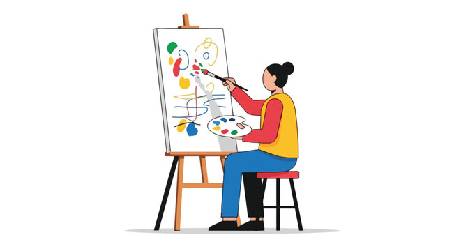 Creative Woman Painter Working on Abstract Canvas with Brush and Palette in Art Studio Workshop Illustration