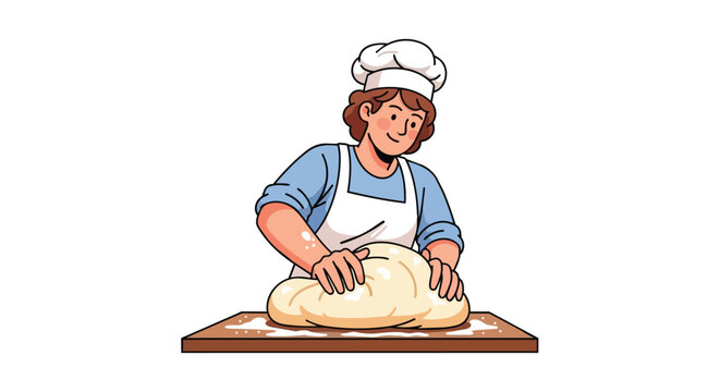 Professional Female Chef Wearing Toque Kneading Fresh Organic Dough on Wooden Table for Homemade Bread Baking Process