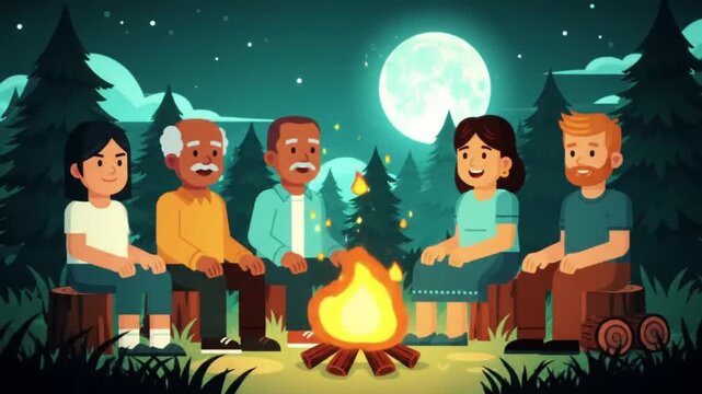 Family Campfire Gathering Under Full Moon in Night Forest with Cartoon Style Animation