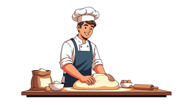 Professional Male Baker Kneading Fresh Bread Dough on Wooden Kitchen Table with Flour and Rolling Pin