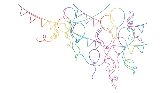Colorful hand drawn sketch illustration of birthday balloons and festive bunting flags