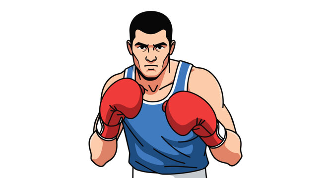 Determined Male Boxer in Blue Jersey and Red Boxing Gloves Ready for Fight Illustration on White Background