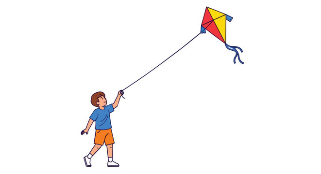 Happy Young Boy Playing with Colorful Kite Outdoors Illustration Isolated on White Background Graphic