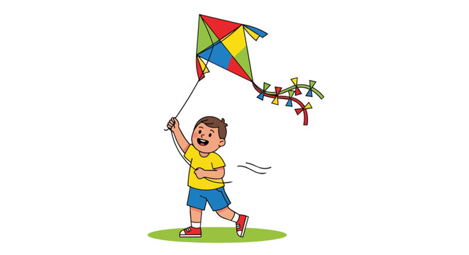 Happy Little Boy Running and Flying a Colorful Diamond Kite Outdoors Having Fun During Summer Vacation