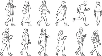 Obraz premium Collection of line drawings of people in casual and semi‑formal walking and standing poses with gestures, devices, and accessories