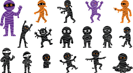 Naklejka premium Cute Halloween mummy character icon collection featuring adorable cartoon mummy poses and playful flat vector illustration set