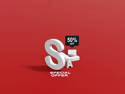 3D Sale Promotion with 50 Percent Off Special Offer on Red Background