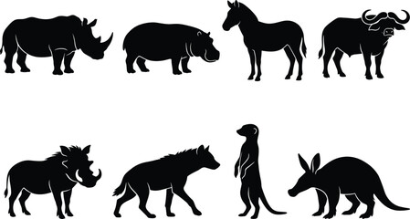 Naklejka premium African Wildlife Animal Silhouette Set Featuring Safari Mammals and Exotic Fauna Collection