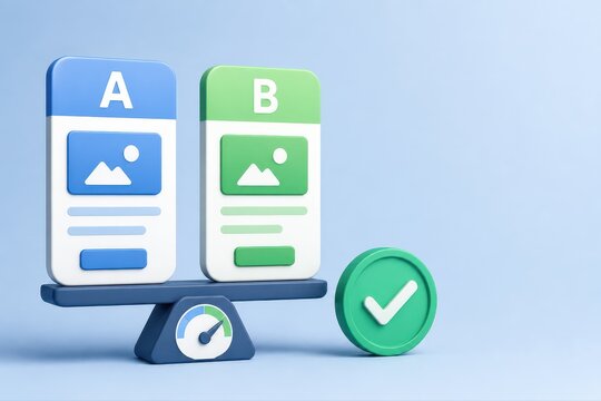 A B testing concept with comparison cards scale and approval checkmark in 3D rendering
