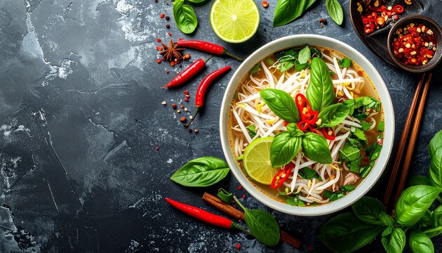 A bowl of Vietnamese pho filled with rice noodles, fresh herbs, and lime. Chili peppers and bean sprouts add flavor and crunch