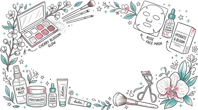 Hand drawn cosmetic makeup product vector illustration background frame with cherry blossom eyeshadow palette and rose skincare face mask