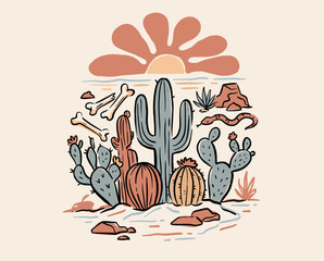 Fototapeta premium Desert cactus illustration, vintage western sun, saguaro prickly pear artwork, boho southwest landscape, retro snake bones desert print