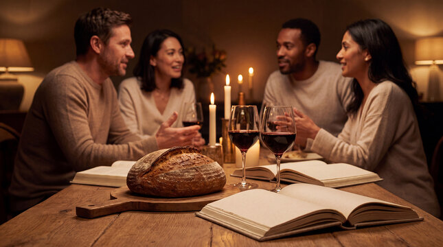 Friends Enjoying Dinner Together at Cozy Restaurant