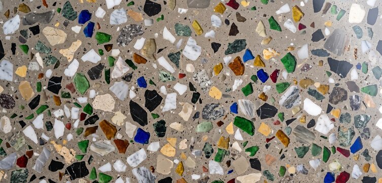 A close-up view of a colorful terrazzo surface featuring a blend of varied stone chips, creating an intricate and vibrant pattern.