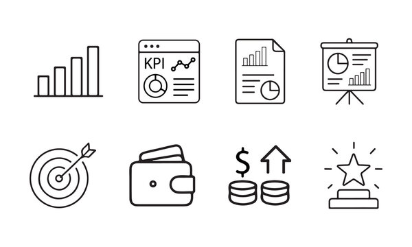 Growth and success icons set with bar charts and upward trending line graphs	