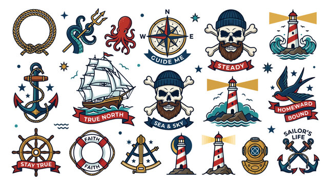 Nautical and Pirate Tattoos: Lighthouse, Skull, Compass, Ship, Anchor, Octopus