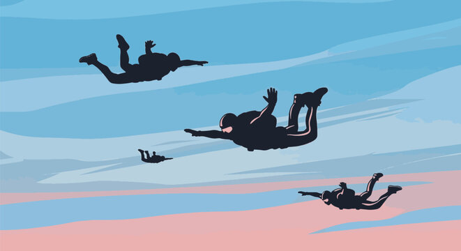 Vector illustration of skydiver silhouettes in freefall positions against a stylized blue and pink gradient sky background, depicting extreme sports and aerial adventure.