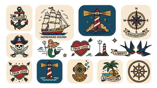 Nautical Tattoo Collection: Anchor, Ship, Lighthouse, Mermaid, Pirate Skull, Compass