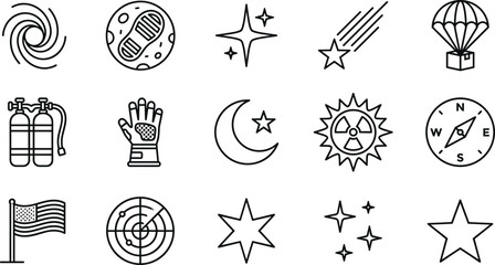 Space exploration and astronomy line icon set with stars galaxy moon and universe symbols © MdAshik