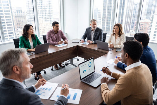 Business Team Meeting Around Conference Table in Modern Office