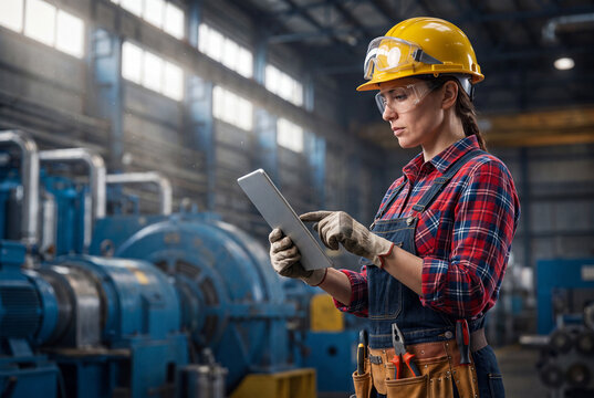 Female Industrial Engineer Inspecting Machinery in Manufacturing Factory