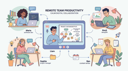 Fototapeta premium People working on laptops remotely together.