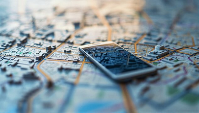 Smartphone on city map shows geofence boundary for location based service, proximity targeting and mobile alert.