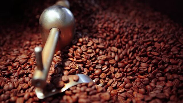 Roasted coffee beans cooling down in roasting machine tray